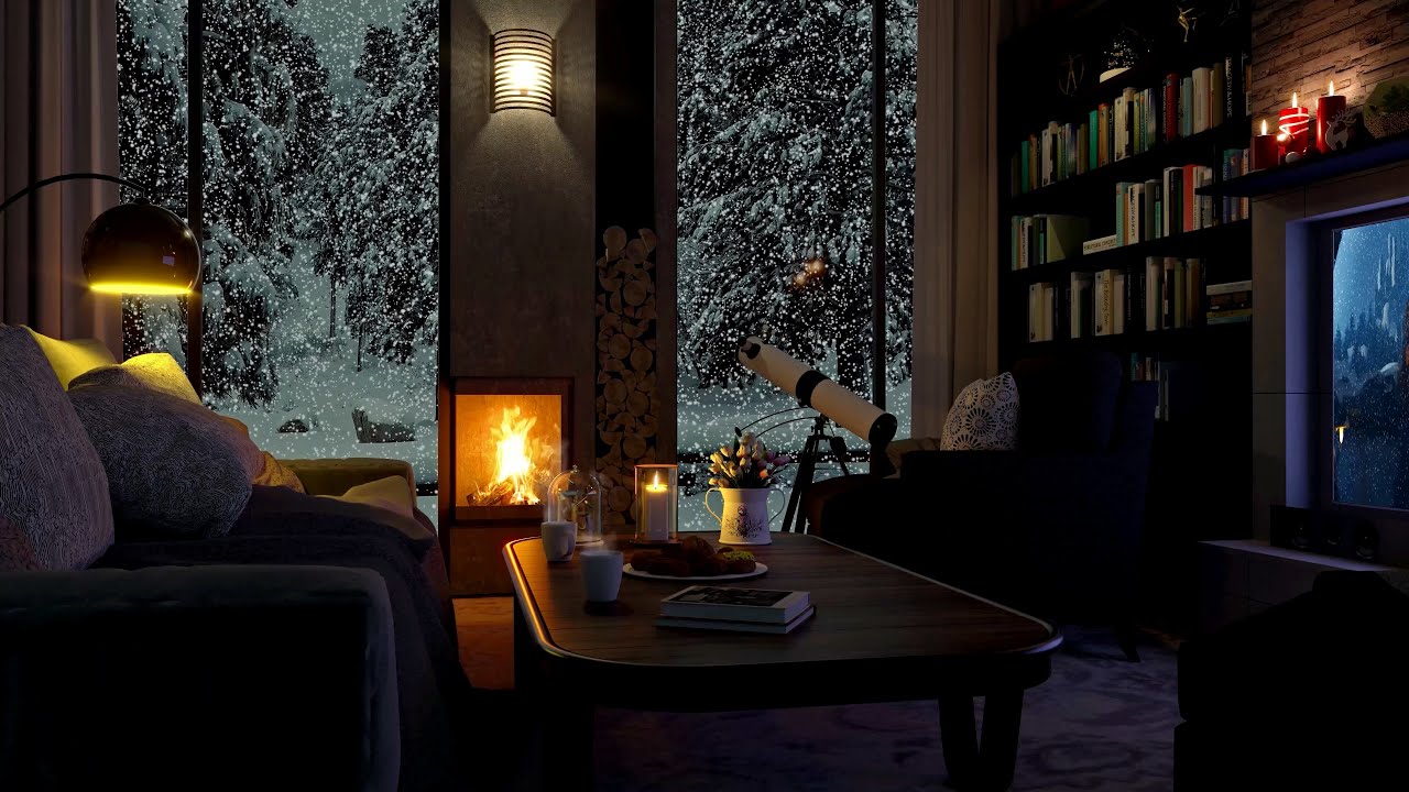 Cozy Winter Ambience In Forest : Crackling Fireplace & Snowstorm Sounds